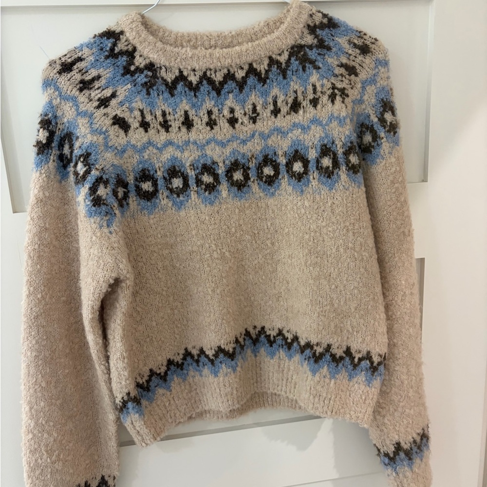 Zara Cream Textured Crewneck Sweater with Blue & Black Fair Isle